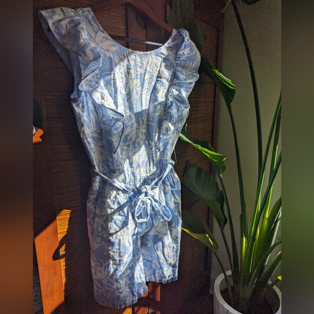 NWT Floral Linen Blender Romper, Smocked, Back Zipper, size S